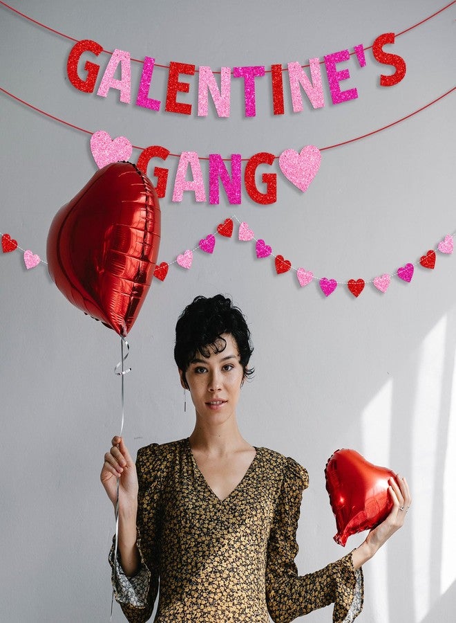 PTFNY Galentine’s Gang Banner Happy Galentine’s Day Banner Red Pink Glittery Heart Garland Valentines Day Party Decorations Girls Ladies Theme Valentines Day Party Decor Supplies - Image 4